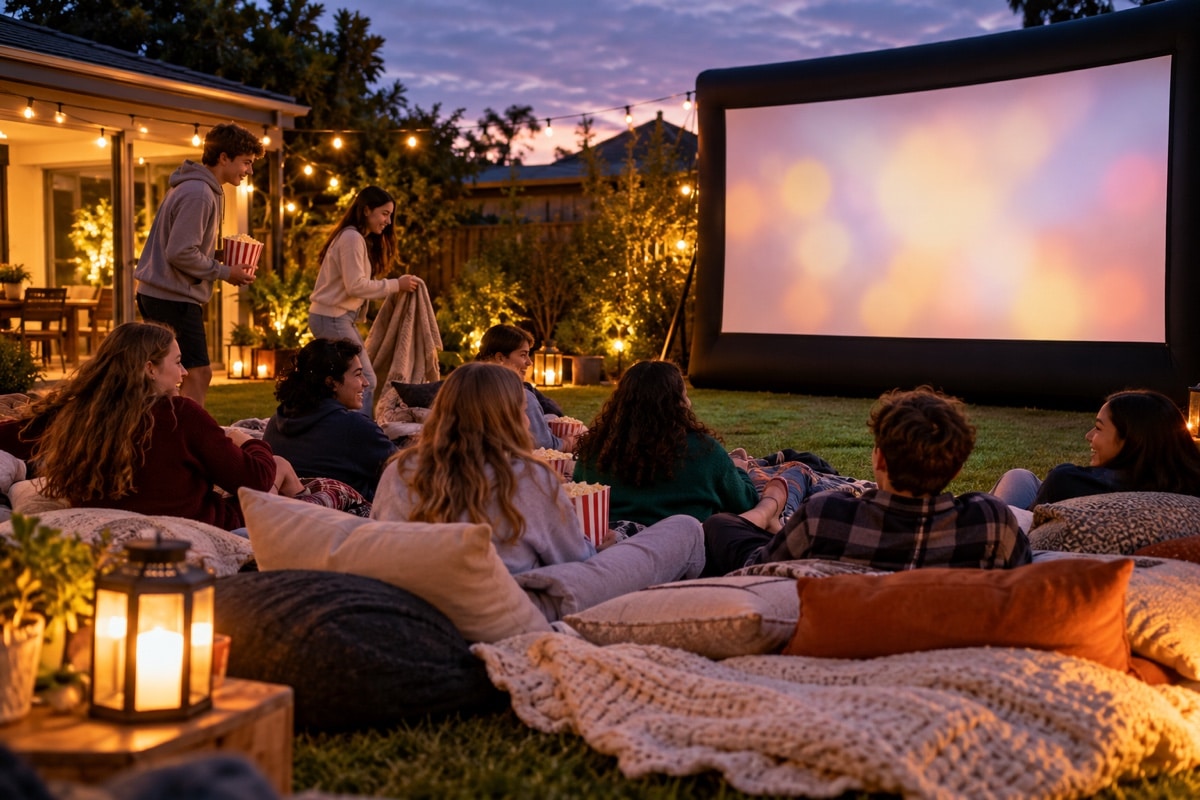 Teenagers at a backyard cinema party with popcorn