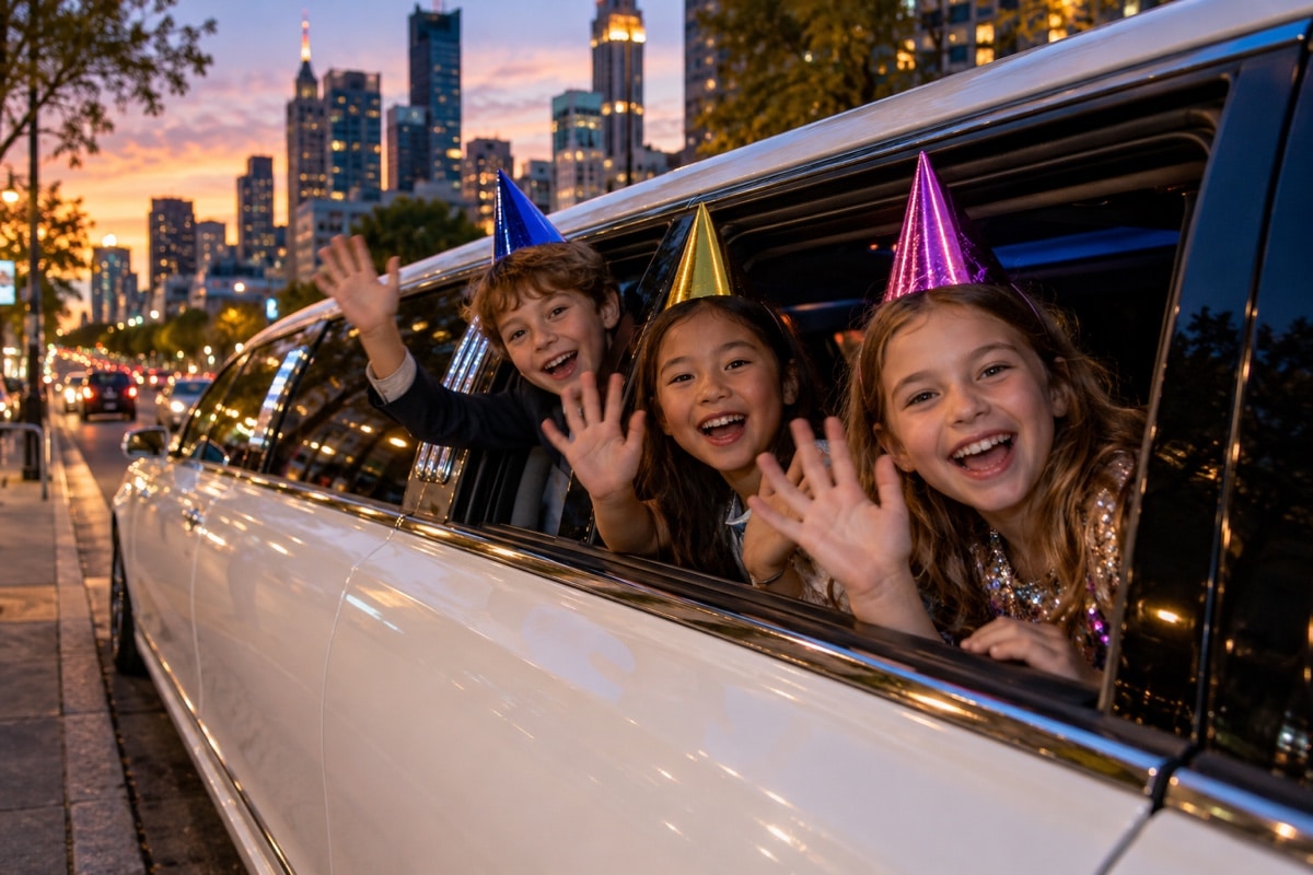 Kids in party hats waving from a white limousine