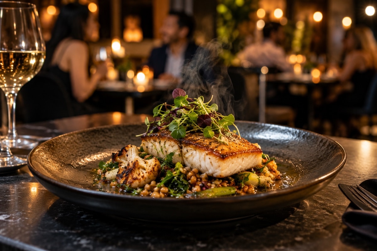 Plated fish dish in a moody Melbourne restaurant