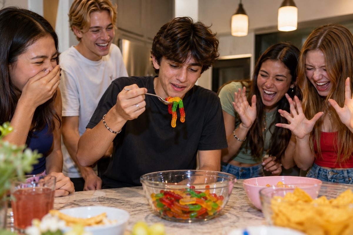 Teenagers reacting to a gummy worm food challenge