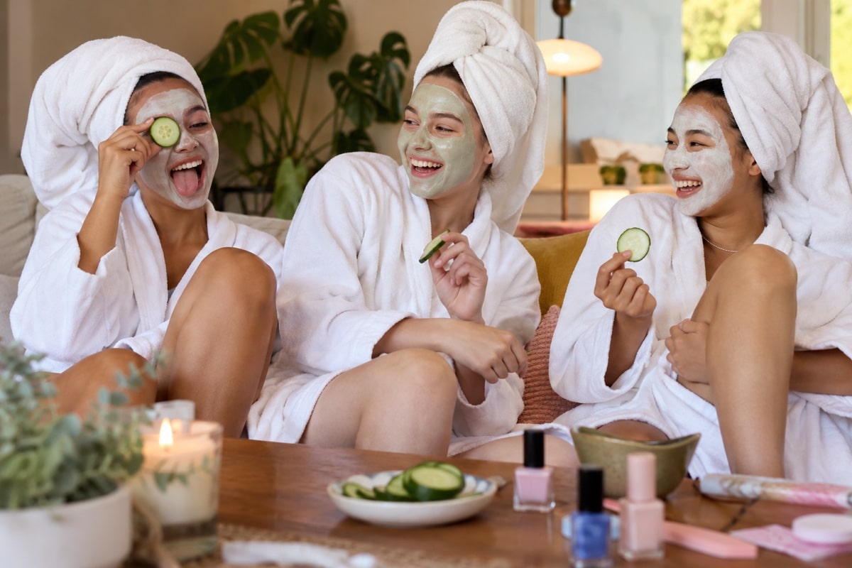 Teenage girls having a spa party with face masks