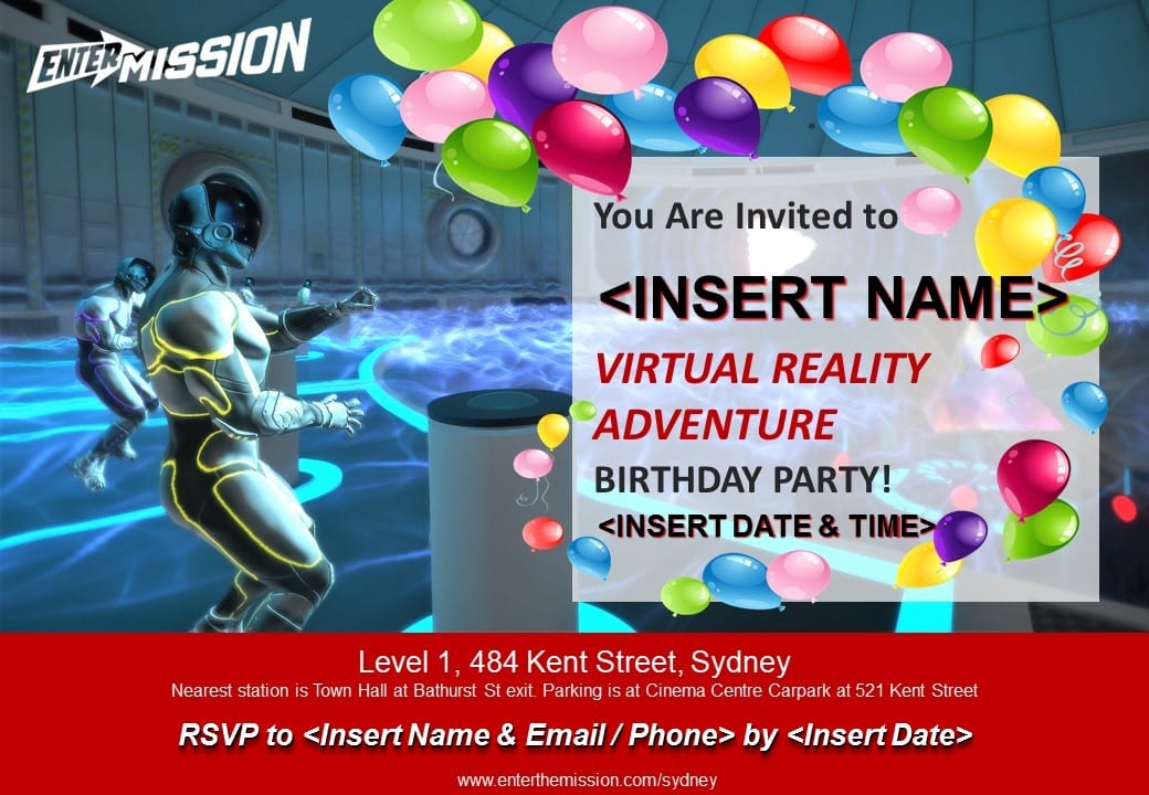 Virtual reality rooms birthday invite 1