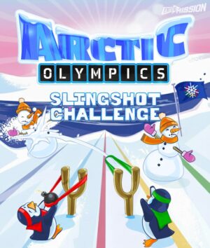 Children and families playing an Arctic Olympics slingshot VR challenge, aiming at icy targets in a fun winter-themed virtual reality game, ideal for school holidays and group entertainment.