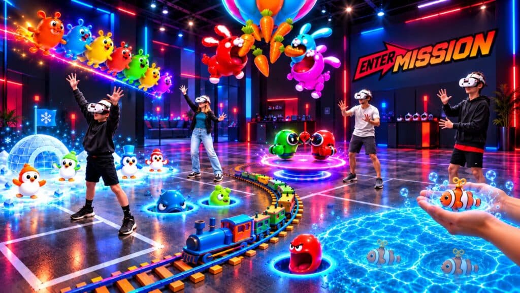 Entermission Game Night mixed reality experience with players using hand tracking to interact with colourful virtual games in a VR entertainment venue