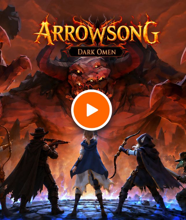 Arrowsong: Dark Omen VR game artwork featuring three fantasy heroes facing a giant fiery demon, with an orange play button in the centre.