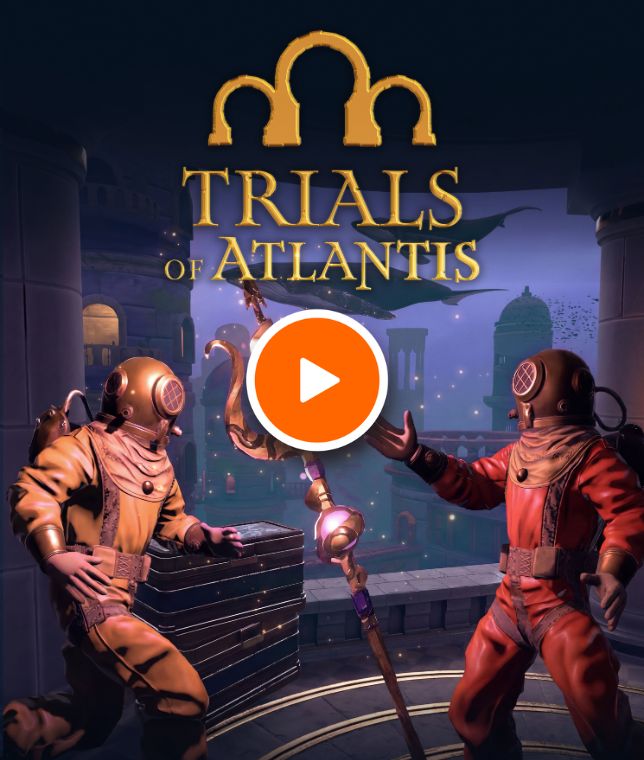 Trials of Atlantis VR game artwork featuring two deep-sea explorers in diving suits confronting a mysterious mechanical artifact in the lost city of Atlantis, with an orange play button in the centre.